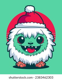 Christmas Monster Wearing Santa Claus Hat 05. Cartoon Illustration Style.