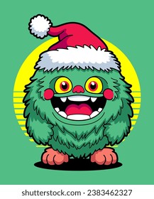 Christmas Monster Wearing Santa Claus Hat 08. Cartoon Illustration Style.