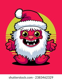 Christmas Monster Wearing Santa Claus Hat 06. Cartoon Illustration Style.