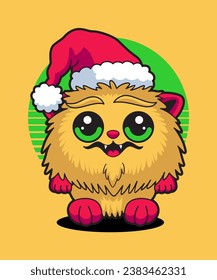 Christmas Monster Wearing Santa Claus Hat 07. Cartoon Illustration Style.