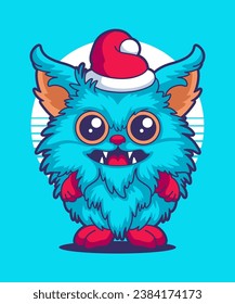 Christmas Monster Wearing Santa Claus Hat 09. Cartoon Illustration Style.