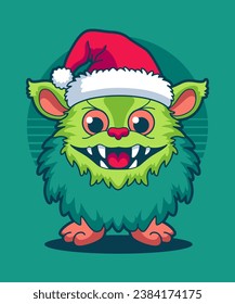 Christmas Monster Wearing Santa Claus Hat 10. Cartoon Illustration Style.