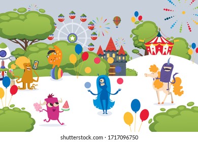 Christmas monsters having fun at festival, vector illustration. Strange character with tentacles, horns walk down street, ride pony and buy delicious food. Circus, ferris wheel and castle cartoon.
