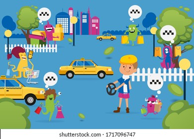 christmas monsters shopping and looking for taxi, vector illustration. beasts with purchases, paper bag looking for yellow car on road, ordering by phone. boy in cap with steering wheel.