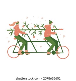 Christmas mood of funy family couple. Woman ride on tandem bicycle with man transportation christmas tree. Happy holidays concept. Vector flat hand drawn Illustration. Only 5 colors, Easy to recolor.