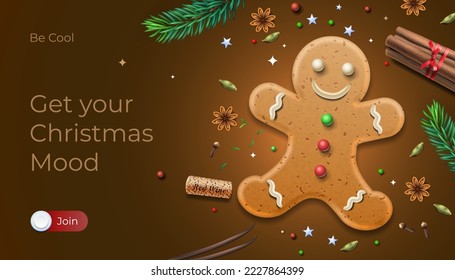 Christmas mood with gingerbread man and spices cinnamon, anise, vanilla and xmas decoration. Vector illustration