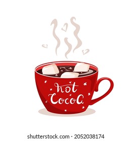 Christmas mood illustration in vector. A mug with cocoa and marshmallows to keep warm on winter days. Hand lettering quote letter of hot cocoa. For advertising, baking, autumn banners and cafes