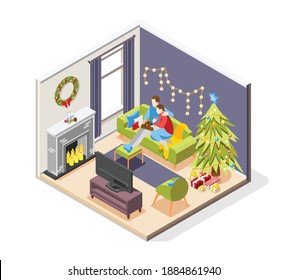 Christmas mood isometric composition family watching tv on sofa home with firtree and light garland vector illustration