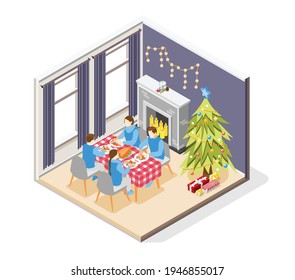 Christmas mood isometric composition with family festive dining home decorated with tree and light garland vector illustration