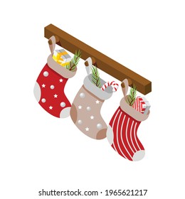 Ikonenkomposition der Weihnachtsstimmung mit Bildern hängender Socken mit Vektorgrafik