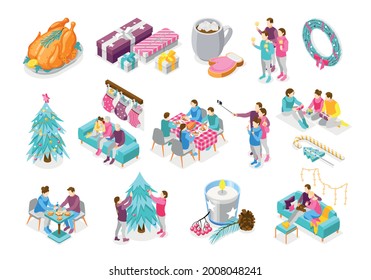 Christmas mood isometric set with festive family dinner decorated firtree presents isometric set recolor isolated vector illustration