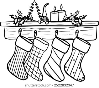 Weihnachtsstimmung Linie Kunstkomposition hängende Socken mit Geschenken. Weihnachten 
 hängendes Regal mit Socken, Kerzen für den Winterurlaub.