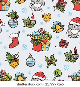 CHRISTMAS MOOD New Year Decorations Cute Rabbit In Santa Hat Holiday Gifts Sweets Berries Bell Cookie Lollipop Christmas Sock Seamless Pattern With Snowflakes