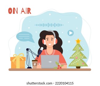 Christmas mood. Podcast concept. Woman talking with the audience. Podcaster on the air.