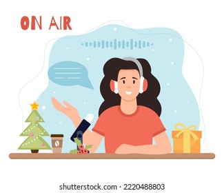 Christmas mood. Podcast concept. Woman talking with the audience. Podcaster on the air.
