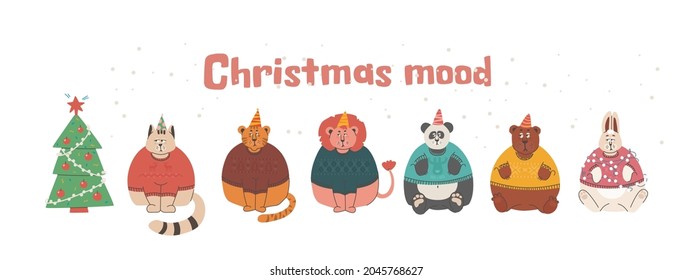 Christmas mood. Sad and grumpy animals, but cute bunnies, lion, bear, tiger, cat and panda in Christmas sweaters. Vector isolated elements for New Year's design.