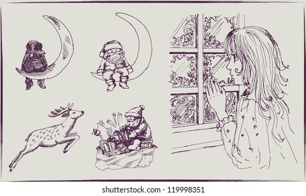 Christmas mood: waiting for a miracle. set of vector sketches