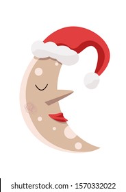 Christmas moon character in Santa Claus red hat. A festive moon profile smiles in a dream. Vector illustration on white background.