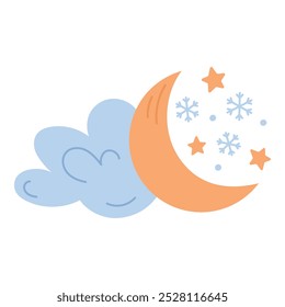 Christmas moon with snowflakes and a cloud. On a white background