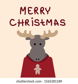 Christmas Moose in a festive sweater. Ideal for postcards. Made in vector.