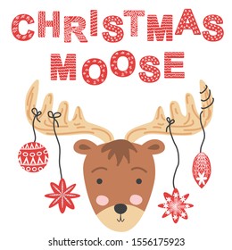 Christmas moose. Scandinavian moose, children's print, poster, design, hand drawing, quote