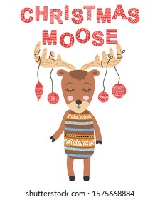 Christmas moose. Scandinavian moose, children's print, poster, design, hand drawing, quote