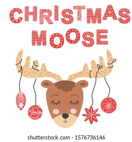 Christmas moose. Scandinavian moose, children's print, poster, design, hand drawing, quote