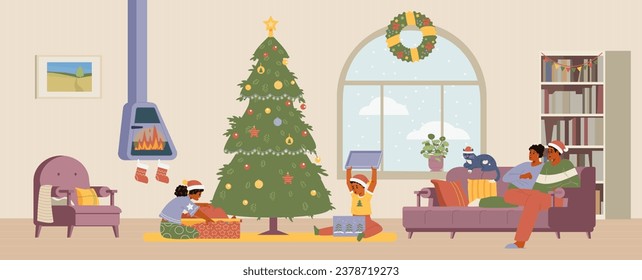 Christmas morning African American family gathering flat vector illustration. Kids opening gifts, parents sitting on the couch. Living room interior with Christmas decorations.