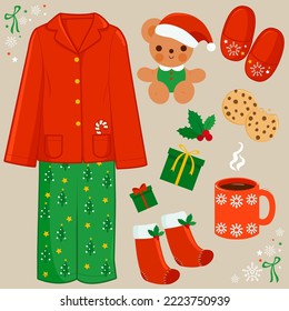 Christmas morning collection with pajamas, hot cocoa and gifts. Vector illustration