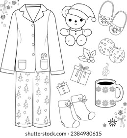 Christmas morning collection with pajamas, hot cocoa and gifts. Vector black and white coloring page.