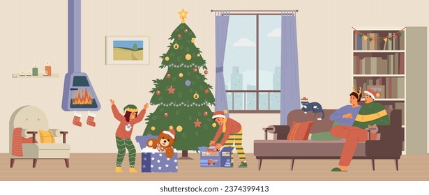 Christmas morning family gathering flat vector illustration. Kids opening gifts, parents sitting on the couch. Living room interior with Christmas decorations.