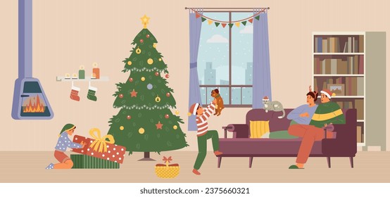 Christmas morning family gathering flat vector illustration. Kids opening gifts, parents sitting on the couch. Living room interior with Christmas decorations.