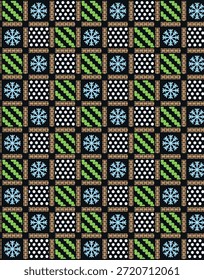 Patrón de mosaico de Navidades con copos de nieve y adornos festivos