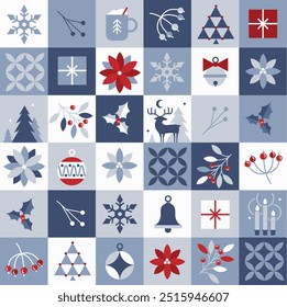 Christmas mosaic pattern tiles. Geometric snowflake, bell, reindeer, pine tree, candle, gift box, natural elements. Colorful checker montage. Blue, white, red colors. Seamless flat vector patchwork.