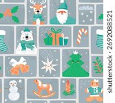 Christmas mosaic seamless pattern with cute characters. Polar bear, deer, snowman, Santa, christmas tree, star, candle, gifts, sock, bells, holly. Cartoon objects on grange shapes. Print on fabric.