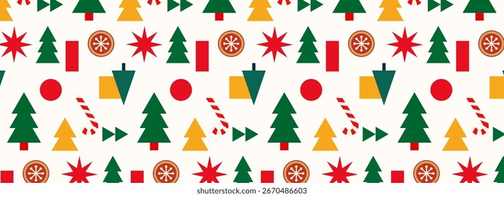 Christmas mosaic seamless pattern with modern geometric style. Decorative abstract background for greeting cards, banners, posters, and wrapping paper. sample in swatches. Vector illustration.