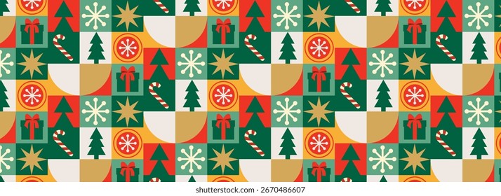 Navidades de mosaico sin patrón con estilo geométrico moderno. Fondo abstracto decorativo para tarjetas de felicitación, Anuncios, carteles y papel de regalo. Ilustración vectorial
