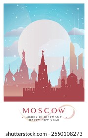 Cartaz retrô de Natal em Moscou para festas de inverno, Ano Novo. Encontros, férias felizes e feliz xmas da Rússia vetor postcard layout