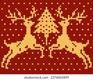 Christmas motif with deers and fir. Scandinavian knitted texture. Vector seamless pattern. Red and yellow colors.