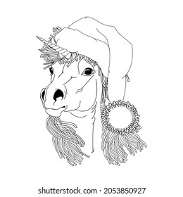 Christmas Motif. Doodle of a Magical Animal in Santa Claus Headdress. Unicorn. Coloring Book Page for Adult and Children. Christmas Background. New Year's Holidays