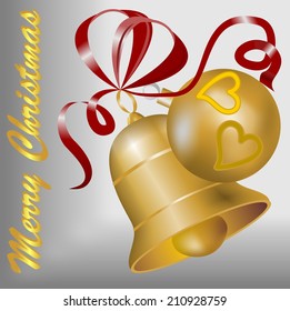 Christmas motif with gold bell, gold christmas ball and red ribbon on the silver background