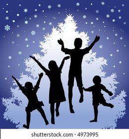 A Christmas motif where kids dance in front of a Christmas tree with snow in the air