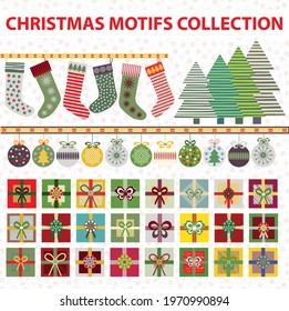 Christmas motifs vector set. Large collection of Christmas stockings, trees, baubles, border, gifts in traditional colors. Adjustable dotted background. Hand drawn festive elements for the holidays.