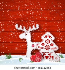 Christmas motive in scandinavian style, red and white folk decorations in front of wooden wall, deer, tree and heart, vector illustration, eps with transparency and gradient meshes