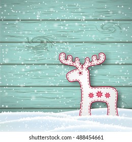 Christmas motive in scandinavian style, white reindeer in front of blue wooden wall standing in snow, with copy space, vector illustration, eps 10 with transparency and gradient meshes