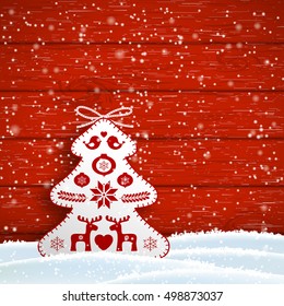 Christmas motive in scandinavian style, white decorated tree in front of red wooden wall standing in snow, with copy space, vector illustration, eps 10 with transparency and gradient meshes