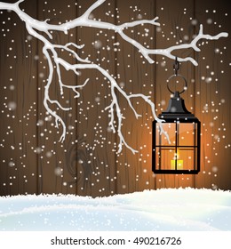 Christmas motive, vintage shining lantern hanging on dry branch in front of brown wooden wall, vector illustration, eps 10 with transparency nad gradient meshes