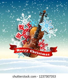 Christmas motive with violin and paper snowflakes in winter landscape, vector illustration, eps 10 with transparency and gradient meshes