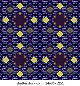 Christmas motley snowflakes seamless pattern. Vector illustration. Blue, brown and violet glitter snowflakes. Winter snow design wallpaper. Symbol holiday, New Year 2019 celebration.