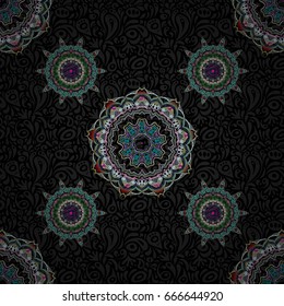 Christmas motley snowflakes seamless pattern. Symbol holiday, New Year 2018 celebration. Green and blue glitter snowflakes on a black background. Winter snow design wallpaper. Vector illustration.